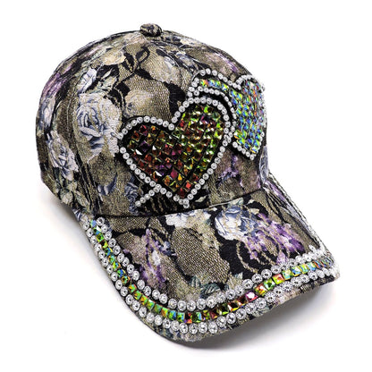 2Chique Boutique Women's Two Hearts Floral Printed Studded Fashion Cap Multicolor