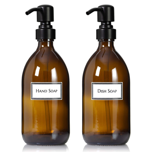 Artanis Home Refillable Amber Glass Hand Soap/Dish Soap Dispenser 16 oz, 2-Pack – Ceramic Printed Apothecary Bottle with Black Satin Pumps
