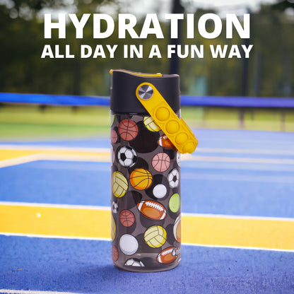 Elemental Leak Proof Water Bottles for Kids - Splash Kids Water Bottle for School with Pop-it Handle - BPA Free Tritan Plastic Reusable Water Bottle with Straw - Sports Ball - 18oz