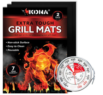 Kona BBQ Grill Mat Set & Grill Surface Thermometer - Barbecue Tool Gift Set