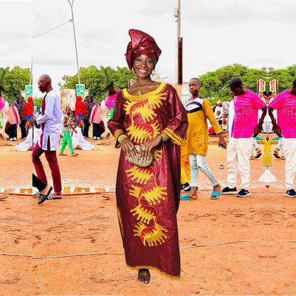 TIDOIRSA African Dresses for Women,Bazin Riche Wedding Dress Embroidery Party Dress with Scarf Boubou (3XL, Maroon)