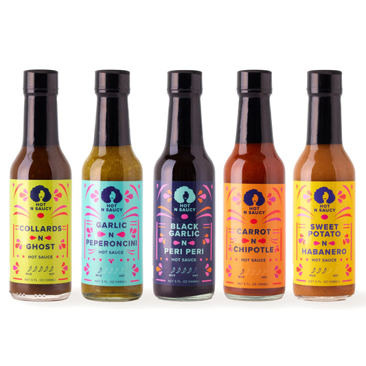 Hot N Saucy Holiday Hot Box, Set of 5 hot sauces- Collards N Ghost, Garlic N Peperoncini, Black Garlic N Peri Peri, Carrot N Chipotle and Sweet Potato N Habanero. 5 fl oz each