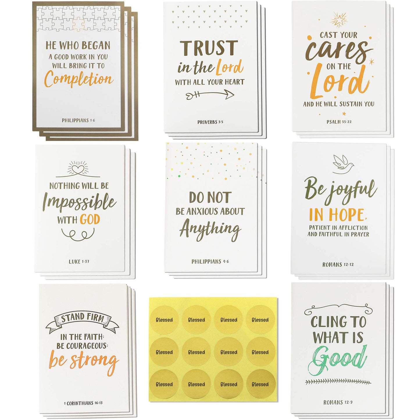 Dessie 56 Pack Inspirational Bible Verse Cards with Envelopes | 8 Unique Scripture Cards | Boxed Greeting Card Set with Blessed Stickers And Bonus Self-Reflection E- Scripture Journal