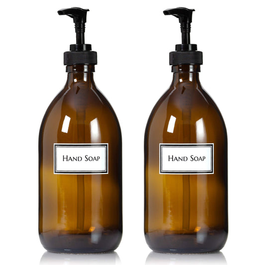 Artanis Home Refillable Amber Glass Hand Soap Dispenser 16 oz, 2-Pack – Ceramic Printed Apothecary Bottle with Black Plastic Pumps