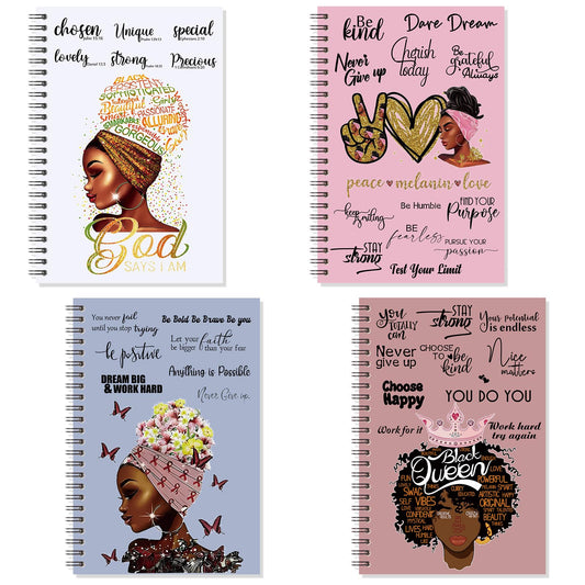Kosiz 4 Pieces Black Women Notebooks Inspirational African American Spiral Journal Line Notepads Gifts Motivational for Black Women Christmas Girls Teachers Students