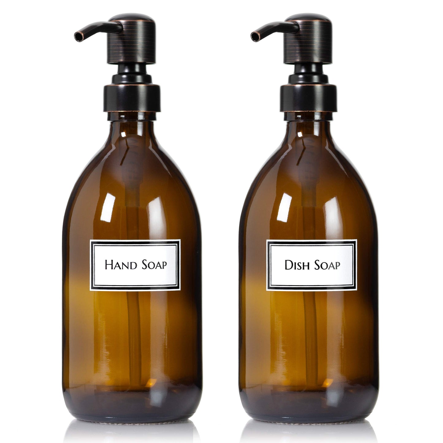 Artanis Home Refillable Amber Glass Hand Soap/Dish Soap Dispenser 16 oz, 2-Pack – Ceramic Printed Apothecary Bottle with Oil Rubbed Bronze Pumps