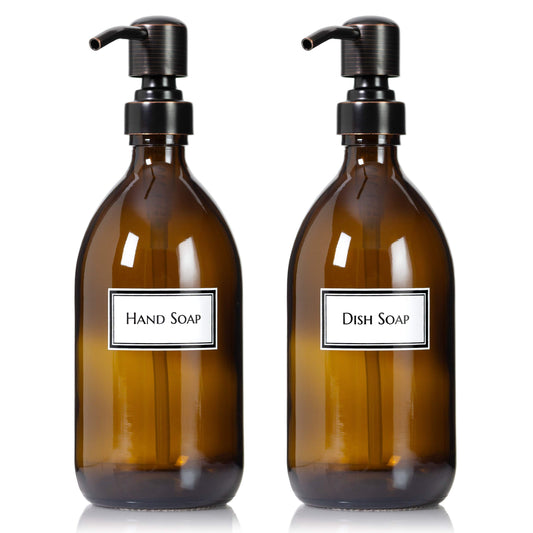 Artanis Home Refillable Amber Glass Hand Soap/Dish Soap Dispenser 16 oz, 2-Pack – Ceramic Printed Apothecary Bottle with Oil Rubbed Bronze Pumps