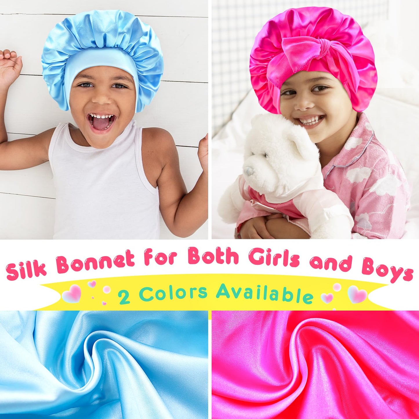 BONNET QUEEN Baby Bonnet Kids Bonnet Infant Satin Silk Hair Bonnets with Tie Band Bow for Girls 4~12 Years 2Pcs Light Blue+Hot Pink