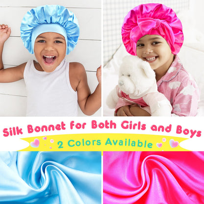 BONNET QUEEN Baby Bonnet Kids Bonnet Infant Satin Silk Hair Bonnets with Tie Band Bow for Girls 4~12 Years 2Pcs Light Blue+Hot Pink