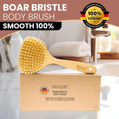 Since 1869 Hand Made in Germany - Smooth 100% Boar Bristle Body Brush, Gently Exfoliates Skin for a Softer, Smoother Complexion, Dry Brush Body Scrubber Promotes Circulation for a Healthy Glow