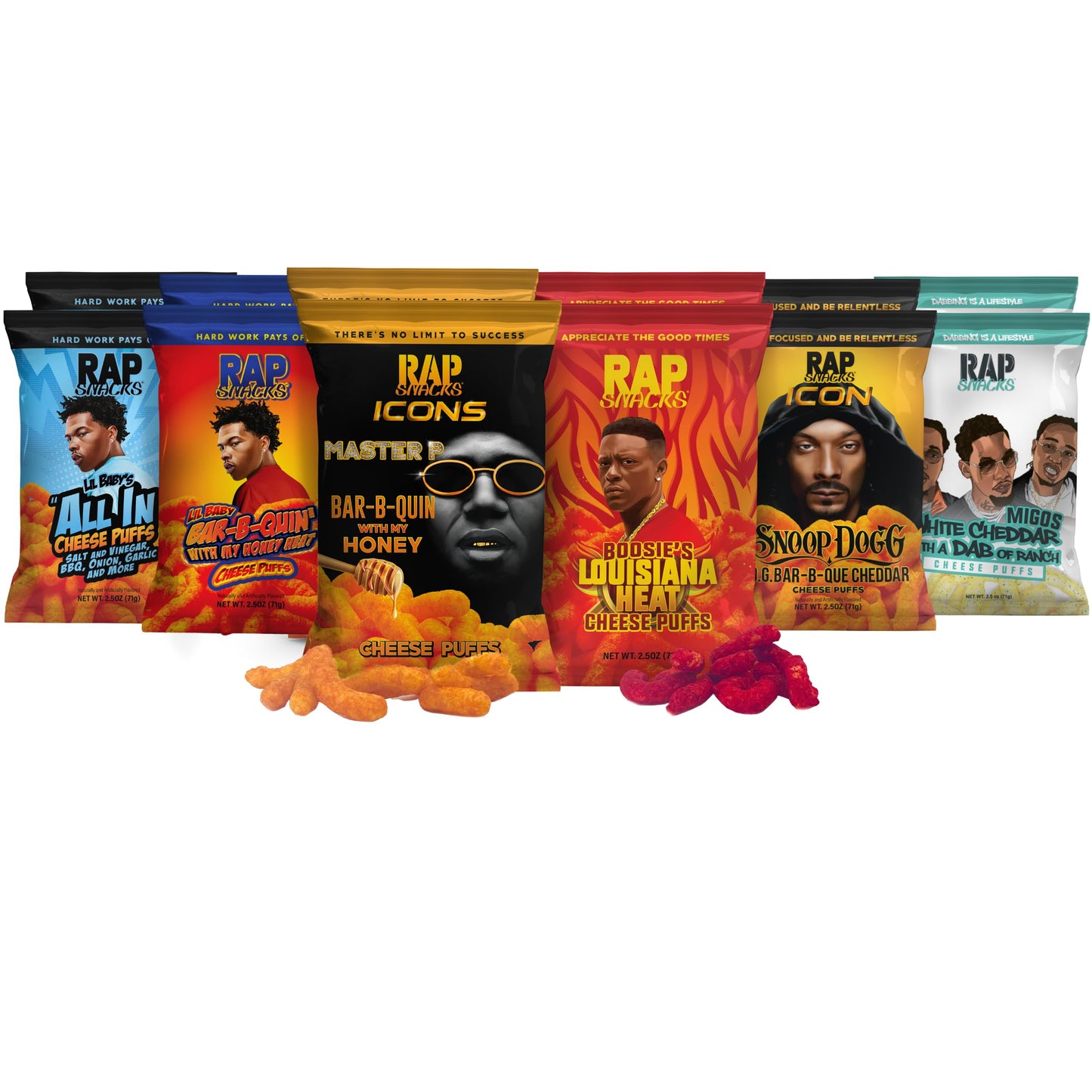 Rap Snacks Lil Baby, Master P, Boosie, and Migos All In Cheese, BBQ Honey Heat, Honey BBQ, Louisiana Heat, Cheddar BBQ, and White Cheddar with Ranch Puffs Variety - Pack of 12