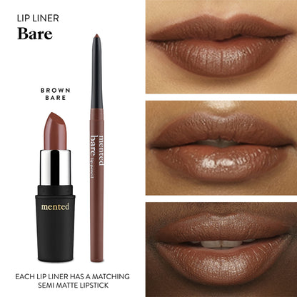 Mented Cosmetics | Semi Matte Nude Lipstick, Brown Bare & Lip Liner (Bare)