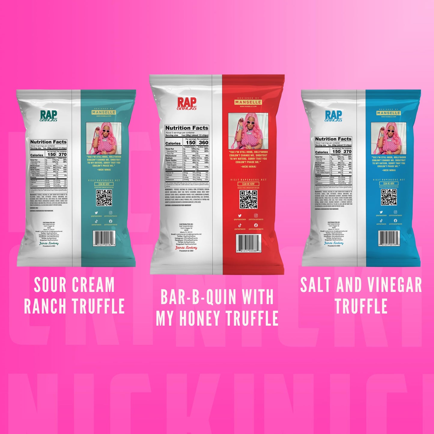 Rap Snacks Nicki Minaj Sour Cream and Truffle, Honey BBQ Truffle, and Salt and Vinegar Truffle Chips Variety - Pack of 12