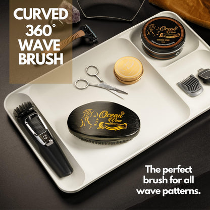 Ocean View Pomade with Wooden Palm Brush for Men - Medium Firm Bristles for 540 and 720 Waves, Contoured for Control with Thumb Indentations