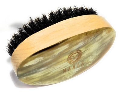 Man & Mane Premium Handmade Oxhorn Military Style Medium Stiff Natural Boar Bristle Men’s Hair Brush for Facial Hair & Beard Care