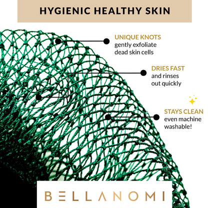 Bellanomi African Exfoliating Net Sponge, Authentic, Ethically sourced from Nigeria, 45 inches Long, Back Scrubber for Daily use (Emerald Green)