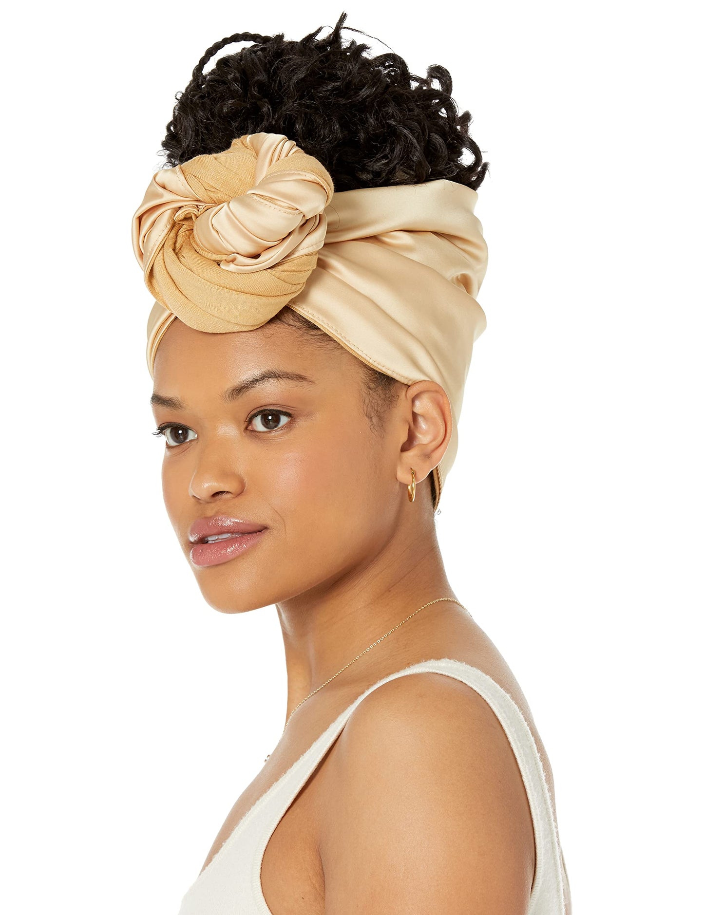 WRAPTSTYLE Satin Headband Top Knot Headwrap, Natural Hair, Adjustable Size, Easy Gentle Protective Scarf Head Wrap (Tan)