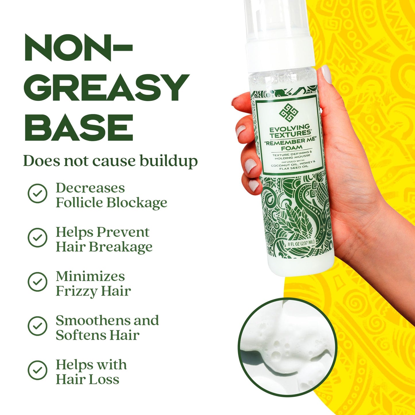 Evolving Textures Remember Me Styling Foam and Holding Mousse for Curly Hair, Curl Leave In with Coconut Oil & Aloe Vera, Go Big & Bold with Moisturizing and Curl Defining Hair Mousse 8 fl. oz.