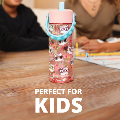 Elemental Leak Proof Water Bottles for Kids - Splash Kids Water Bottle for School with Pop-it Handle - BPA Free Tritan Plastic Reusable Water Bottle with Straw - Stylish Cat - 18oz