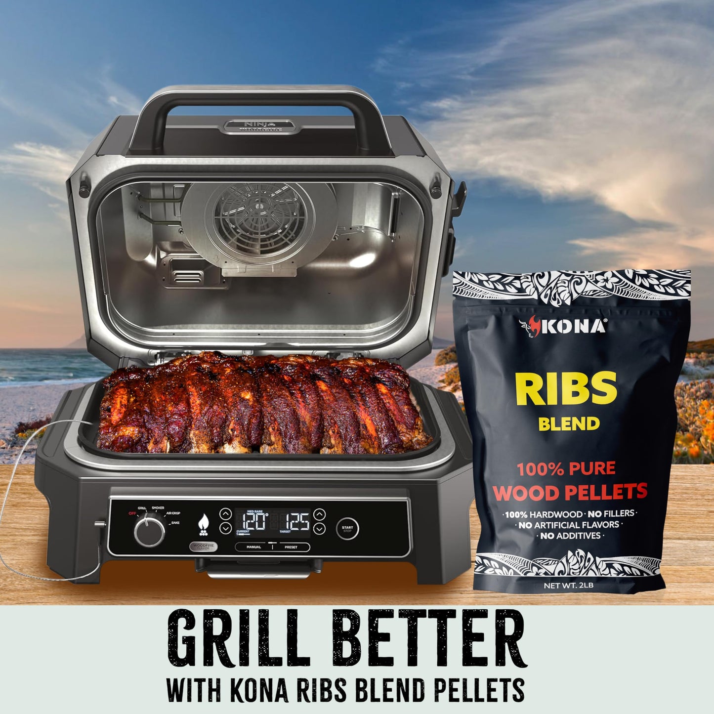 Kona Ribs Blend Smoker Pellets, Intended for Ninja Woodfire Outdoor Grill, 2 lb Resealable Bag