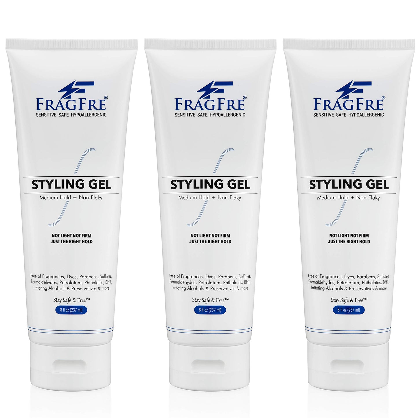 FRAGFRE Hair Styling Gel 8 oz (3-Pack Gift Set) Medium Hold - Fragrance Free Hypoallergenic - Irritation Free Styling Gel for Sensitive Skin - for Men Women Children - Gluten Free Vegan Cruelty Free