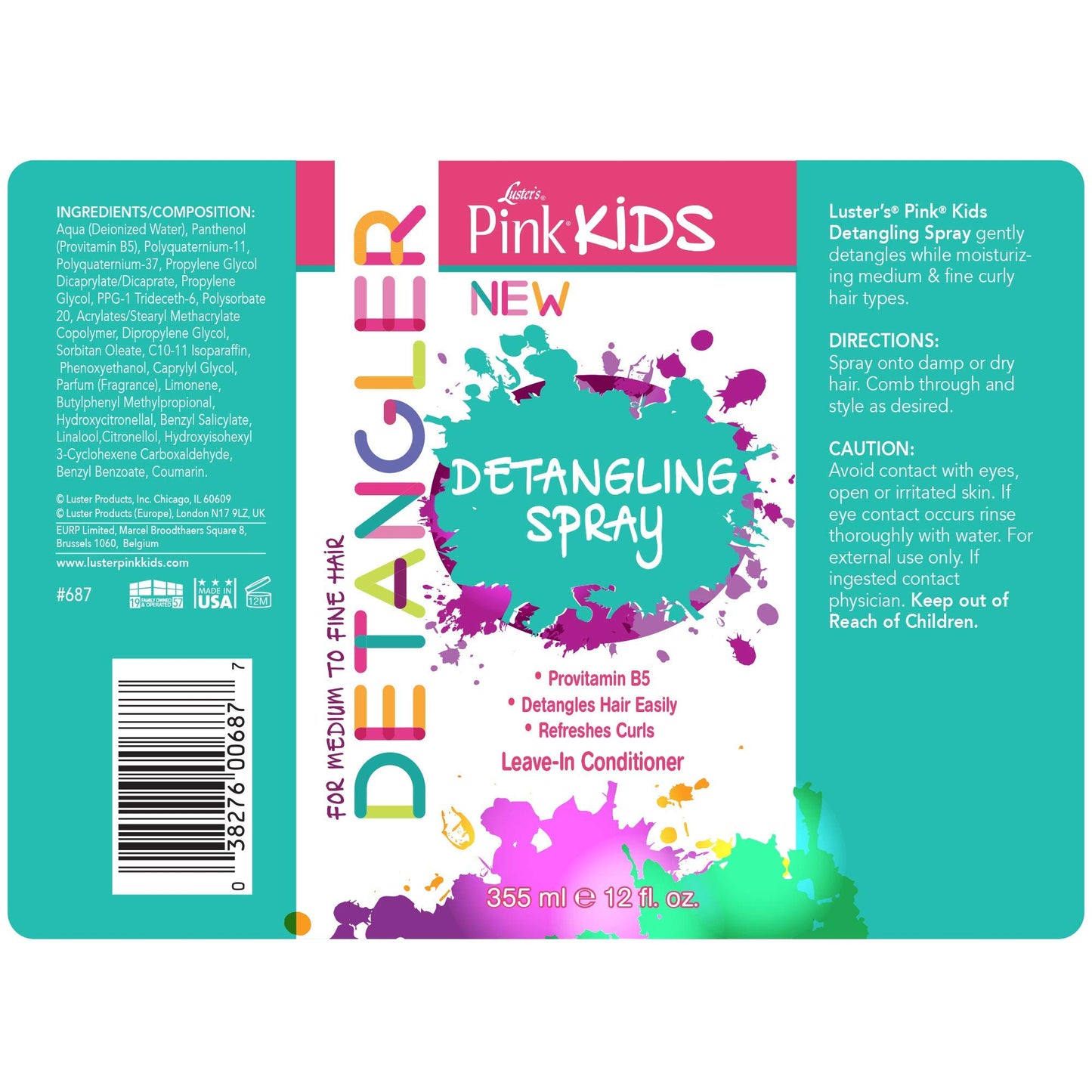 Luster's Pink Kids Detangling Spray, 12 Ounce Made with Provitamin B5.