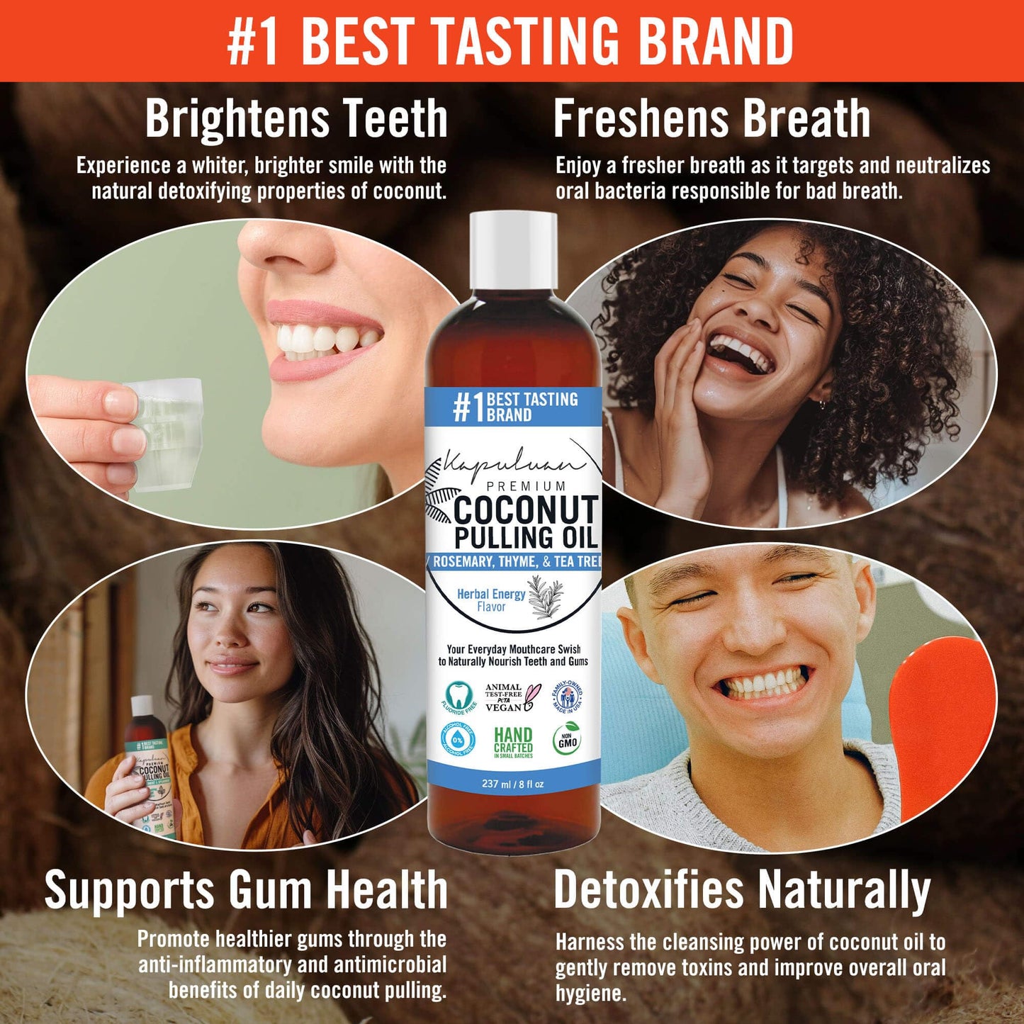 Kapuluan Coconut Oil Pulling for Teeth and Gums Mouthwash, 100% Pure and Natural, Non-GMO, Ayurvedic – Refreshing Rosemary Essential Oil, Thyme Essential Oil, Tea Tree Essential Oil