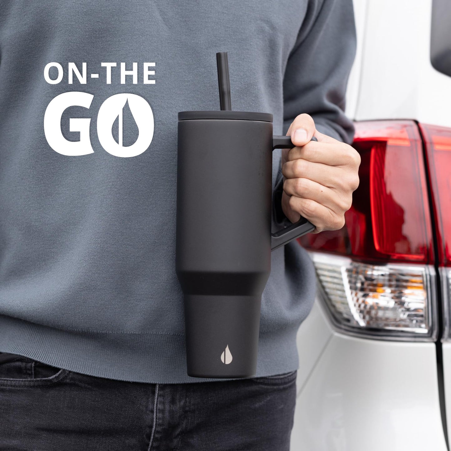 Elemental 40 oz Tumbler with Handle and Straw - Spill Proof Insulated Stainless Steel Commuter for Hot and Cold Beverages - Travel Coffee Mug with 2 Straws & Spill Proof Lid - 40oz - Black