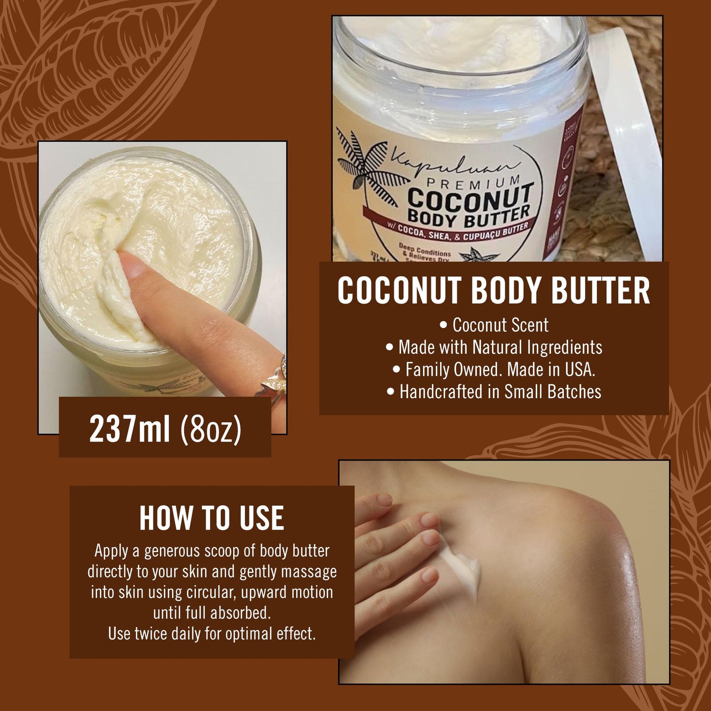 Kapuluan Coconut Body Butter for Women Dry Skin, Body Butter with Raw Coconut Oil, Cocoa Butter, Shea Butter & Cupuaçu Butter, Body Cream Whipped Body Butter for Women (Coconut Scent)
