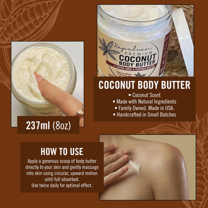 Kapuluan Coconut Body Butter for Women Dry Skin, Body Butter with Raw Coconut Oil, Cocoa Butter, Shea Butter & Cupuaçu Butter, Body Cream Whipped Body Butter for Women (Coconut Scent)