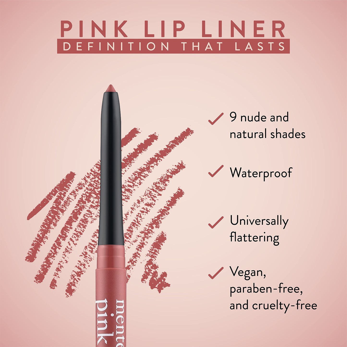 Mented Cosmetics Pink Lip Liner Pencil, Waterproof Lip Liner Pink Lip Pencil, Natural Lip Liner Vegan and Cruelty-Free Makeup, Matte Lip Liners for Women