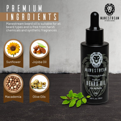 MAN & MANE Manestream Beard Oil for Men, Beard Growth Oil, Hair Growth Oil with Jojoba, Macadamia, Sunflower, Olive Oils - 50ml (Fall (Sandalwood))
