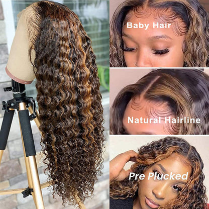 BLY Highlight Human Hair Lace Front Wigs Deep Wave #4/27 Ombre Colored Glueless Wigs Pre Plucked 20 Inch 4x4 Transparent Curly Water Wave Lace Wig Honey Blonde Real Human Hair 180% Density