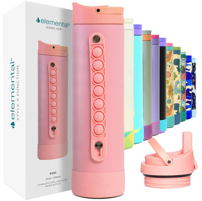 Elemental Iconic Kids Water Bottle with Straw Lid & Stress Reliever Pop It Handle, Leak-Proof When Closed, Triple Insulated Stainless Steel Reusable Thermos Water Bottle, 20oz - Rose