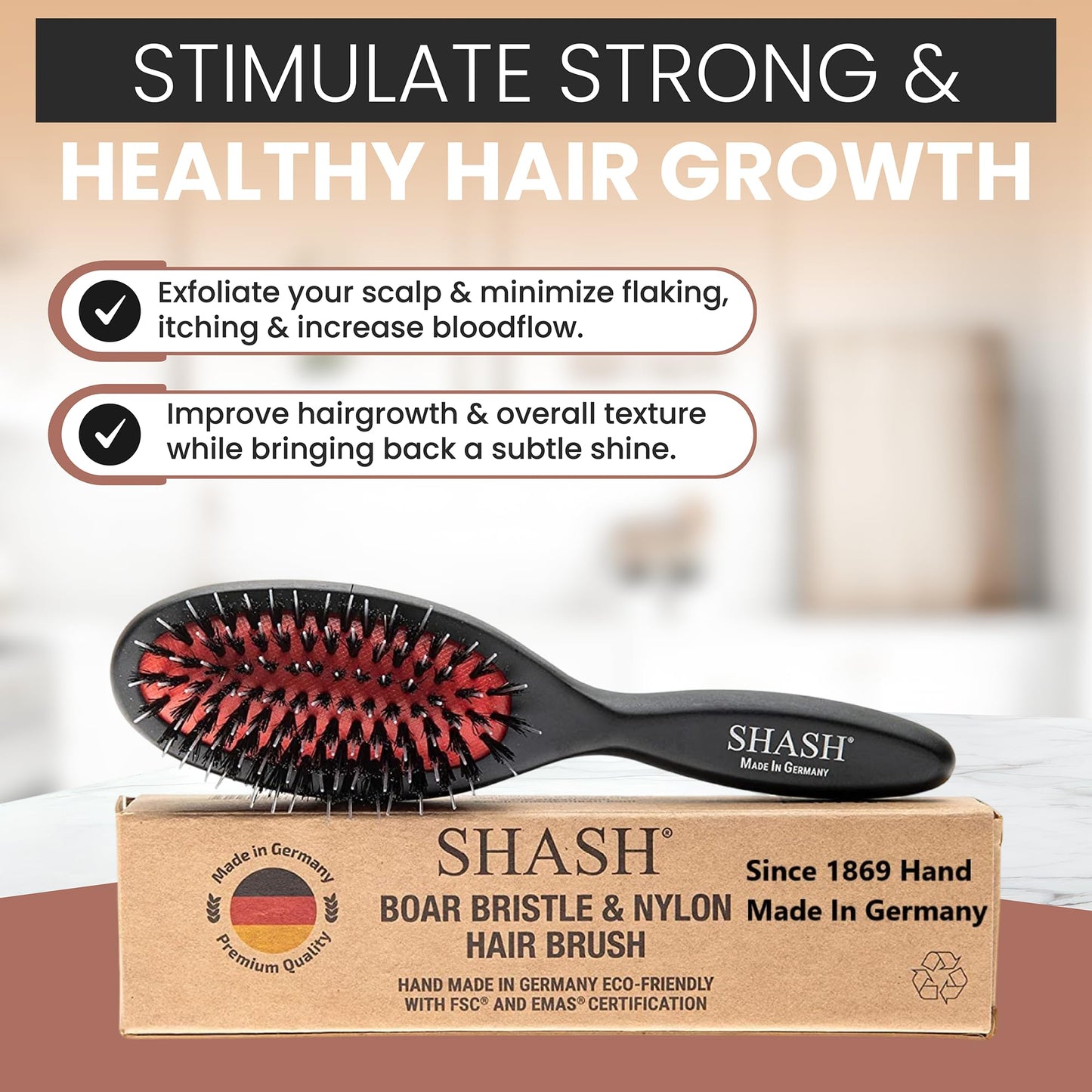 Since 1869 Hand Made In Germany - Nylon Boar Bristle Brush Suitable For Normal to Thick Hair Gently Detangles, No Pulling or Split Ends - Softens Improves Hair Texture, Stimulates (Extra Small)