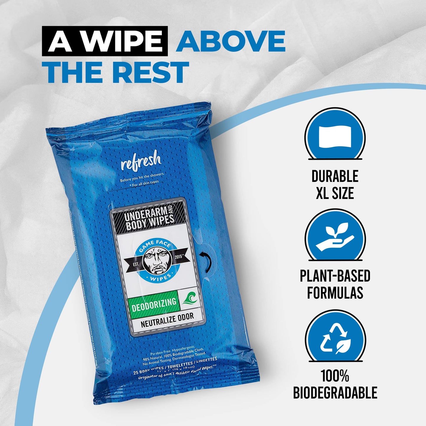 Game Face Deodorizing Body Wipes 25 Count Extra Large Size Compostable Cloth Naturally Formulated Hydrating, Refreshing, and Odor Neutralizing Wipes for Athletic, Sport, and On The Go Needs