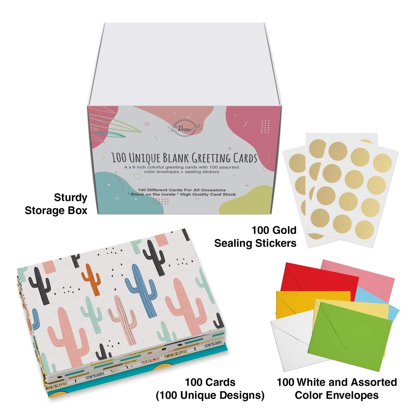 Dessie 100 Unique Blank Cards With Envelopes 4x6 - All Occasion Blank Greeting Cards w/Colored Envelopes & Gold Seals. No Repetition. Note Cards with Envelopes Set