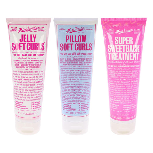 Miss Jessies Jelly Soft Curl With Pillow Soft Curls and Super Sweetback Treatment Kit for Unisex - 3 Pc Kit 8.5oz Gel, 8.5oz Lotion, 8.5oz Treatment