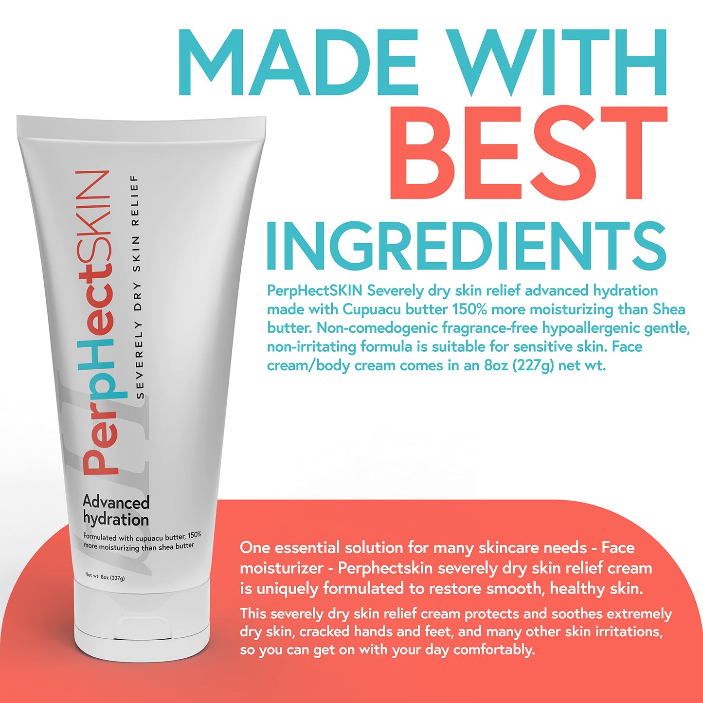 PerpHectSKIN Severely Dry Skin Relief Cream with Cupuacu Butter, Lightweight, Long Lasting Moisturizer for Body & Face, Fragrance-Free Dry Skin Natural Cream 8 Oz