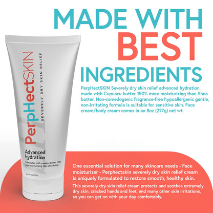 PerpHectSKIN Severely Dry Skin Relief Cream with Cupuacu Butter, Lightweight, Long Lasting Moisturizer for Body & Face, Fragrance-Free Dry Skin Natural Cream 8 Oz