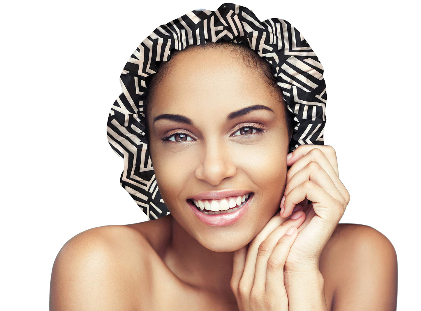 Glow By Daye Satin Bonnet, Double-Layered and Adjustable Satin Sleep Cap, Extra Large, Reversible Afro Geo Print (Black & White Pattern)