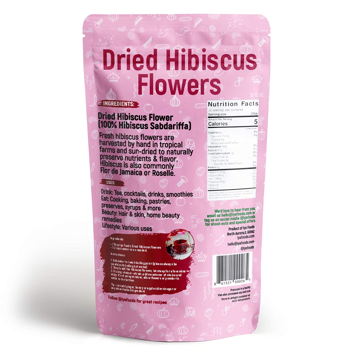 Iya Foods GlutenFree Hibiscus Flowers, Cut & Sifted, Kosher Certified (Hibiscus Sabdariffa Flower, Dry Roselle) Non GMO, No Preservative, Great for tea - 8 Ounces