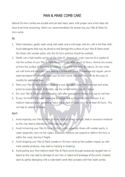 Premium Natural Ox horn and Sandalwood Beard Comb Dual-Action | Double Sided Beard & Mustache Comb with Brown Protective Case | Perfect Grooming Companion & Gift for Men – by Man & Mane