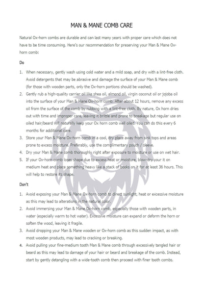 Premium Natural Ox horn and Sandalwood Beard Comb Dual-Action | Double Sided Beard & Mustache Comb with Black Protective Case | Perfect Grooming Companion & Gift for Men – by Man & Mane