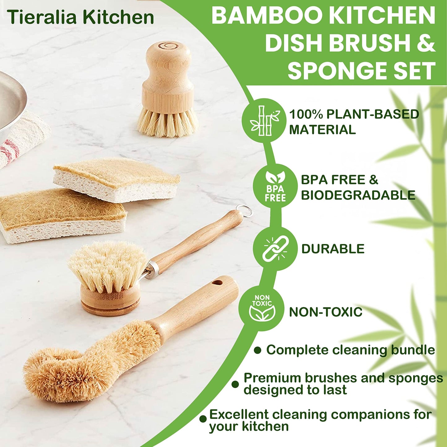 Tieralia 5-Piece Eco-Friendly Bamboo Dish Brush Set with Compostable Wood Pulp Sponges | Bamboo Dish Brushes Kitchen Cleaning Set | Dish Brush Set | Dish Brush