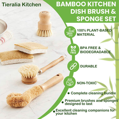 Tieralia 5-Piece Eco-Friendly Bamboo Dish Brush Set with Compostable Wood Pulp Sponges | Bamboo Dish Brushes Kitchen Cleaning Set | Dish Brush Set | Dish Brush