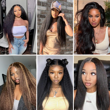 BLY Human Hair Lace Front Glueless Wigs for Women 13x6 Kinky Straight Pre Bleached Knots Yaki Human Hair Wig HD Transparent Lace Pre Plucked 180% Density Natural Black Color 18 Inch