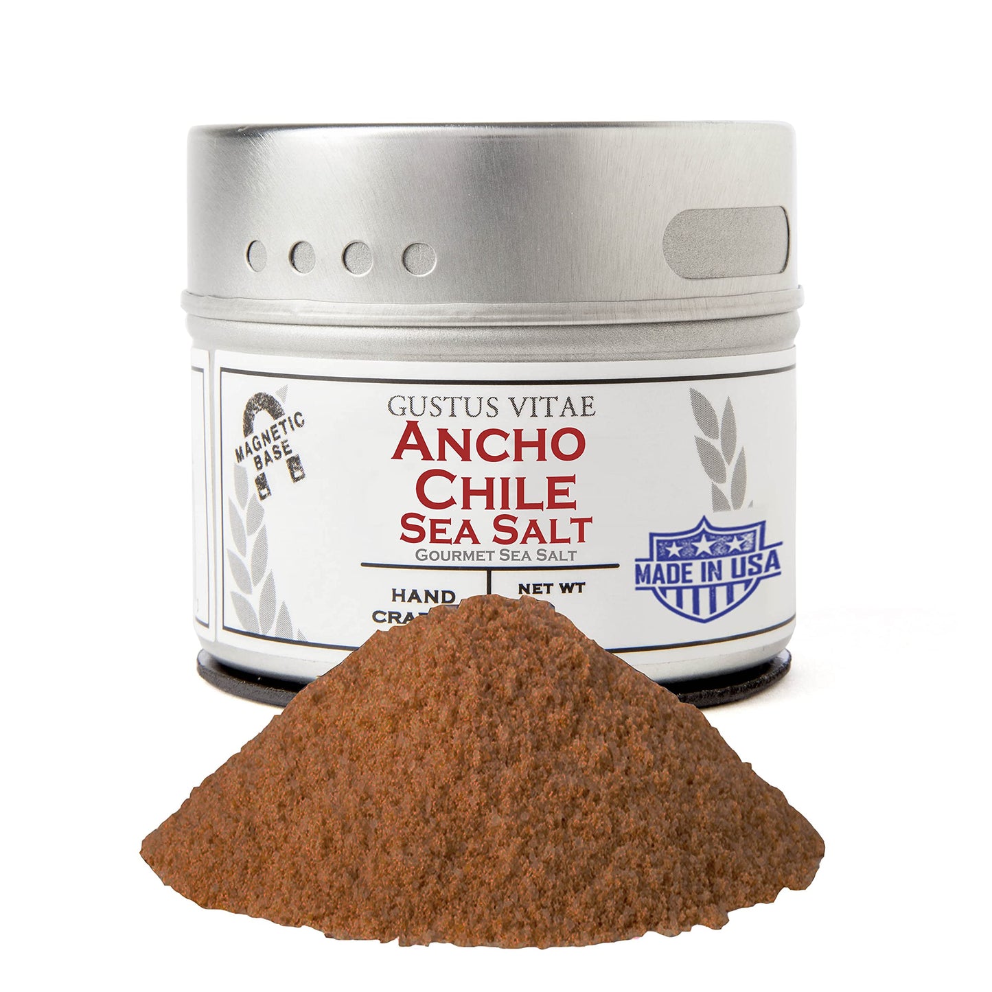 Ancho Chile Sea Salt | Gourmet Infused Salt | Authentic Artisanal Seasoning | Non GMO, All Natural | Handmade in Small Batches in USA | Ultra Premium, Sustainably Sourced | GLP-1 Friendly | Magnetic Tin | 2.8 Ounce | Gustus Vitae | #11