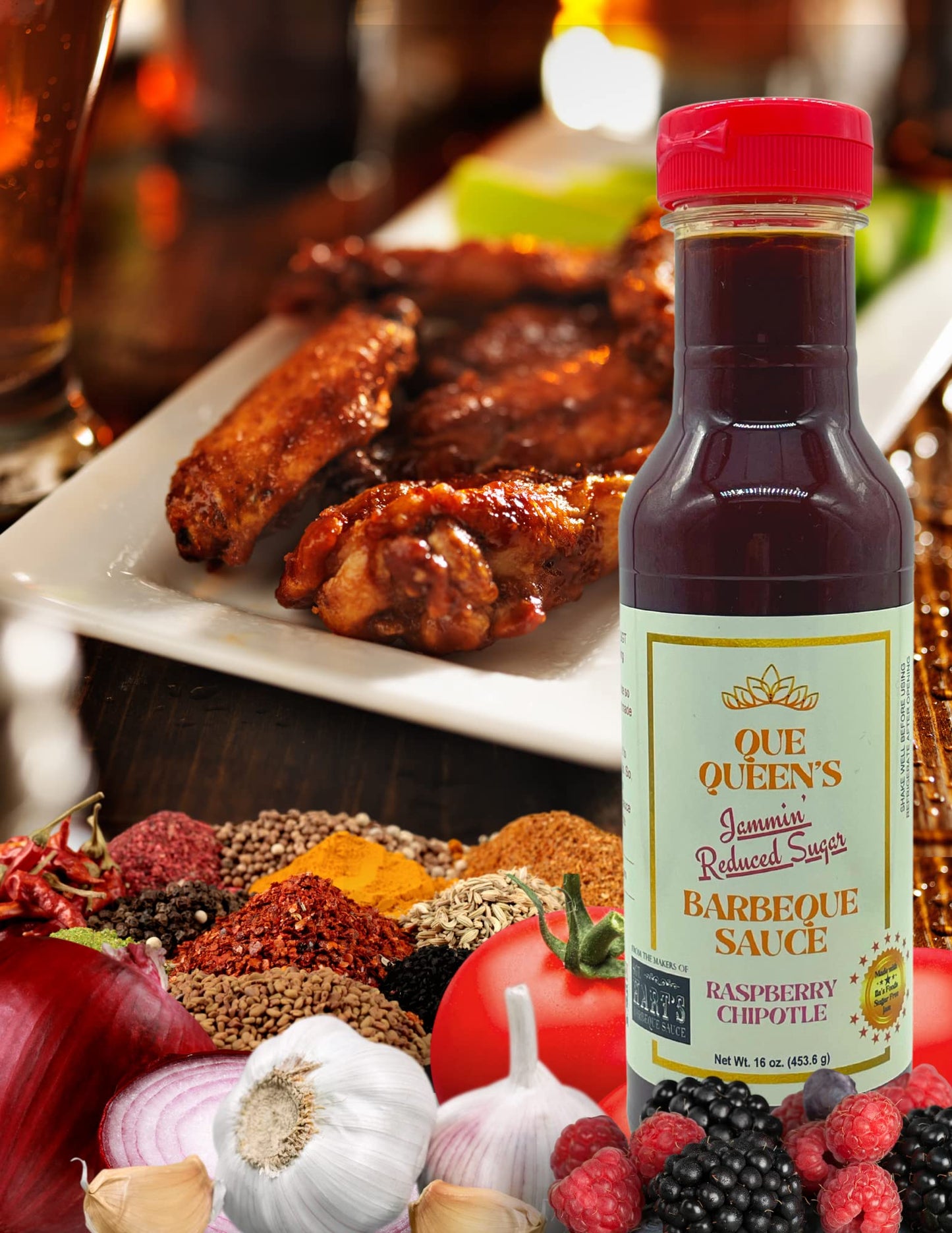 Que Queen’s Jammin’ Reduced Sugar BBQ Sauce – Raspberry Chipotle Flavor, 1 Pack Bottle - 16 OZ each