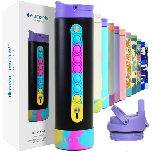 Elemental Iconic Kids Water Bottle with Straw Lid & Stress Reliever Pop It Handle, Leak-Proof When Closed, Triple Insulated Stainless Steel Reusable Thermos Water Bottle, 20oz - Dragon